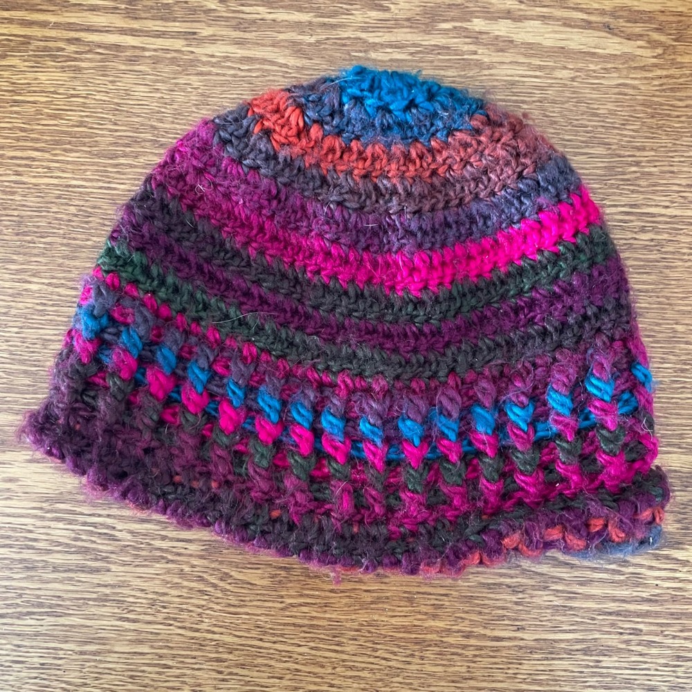Handmade‎ Beanie Indie Whimsical Neon Stripes Vibrant Cute Multicolored Knit Cap